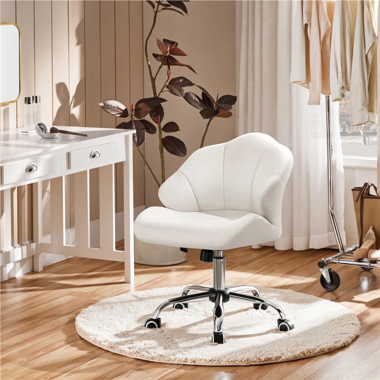 Yaheetech Chaise de bureau en forme de coquillage - avec fonction pivotante, hauteur réglable par vérin à gaz et dossier rembourré - pour le bureau à domicile et la chambre à coucher - polyester blanc et métal - 60 x 60 x 76,5-86 cm