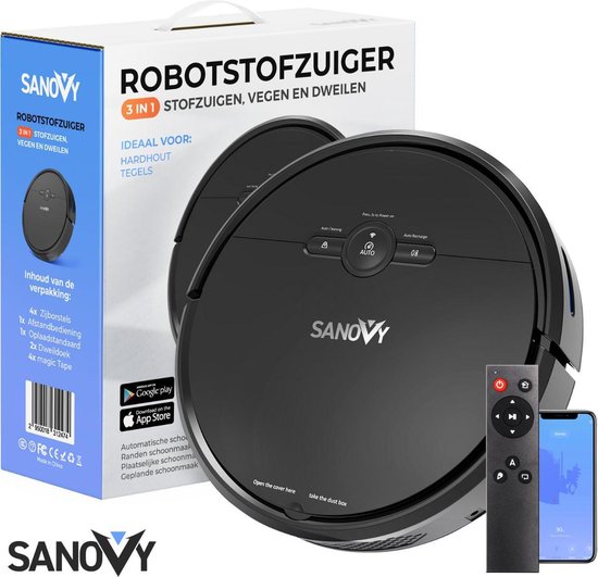 Robot aspirateur 3 en 1 - Sanovy - 1800 PA - Station de charge automatique - Robot balayeur - Contrôle via application ou télécommande