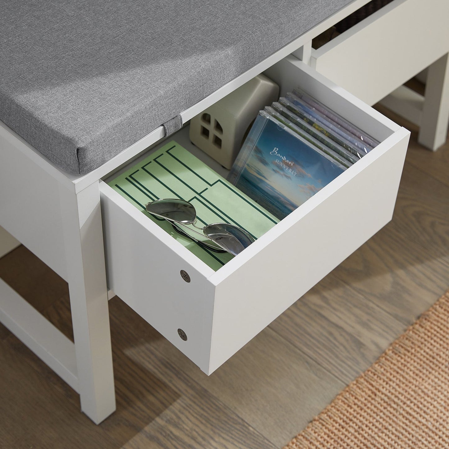 SoBuy Banc de rangement avec assise rembourrée - 2 tiroirs - Max. 150 kg - 72 x 30 x 46 cm - Blanc/ Gris