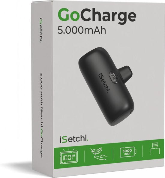 iSetchi Mini Powerbank 5000 mah - Taille compacte - Batterie externe - Câble intégré - Pack d'urgence - Câble Lightning - Affichage LED - Convient à l'iPhone - Noir