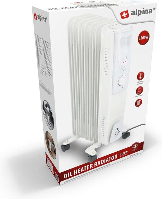 Radiateur électrique à huile Alpina, Chauffage avec thermostat, Chauffage électrique, Chauffage d'appoint, 1500W , Blanc