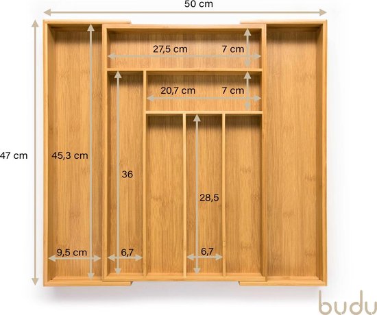 Budu Range-couverts extensible en bambou #47 (47 cm de profondeur) - Cassette à couverts en bois - Tiroir à couverts - 47 x 30.6 - 50 cm - 6/8 compartiments