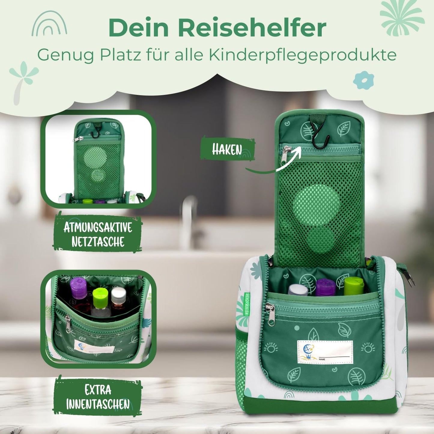 REISERACKER Trousse de toilette pour enfants - 21 x 9 x 18 cm - vert