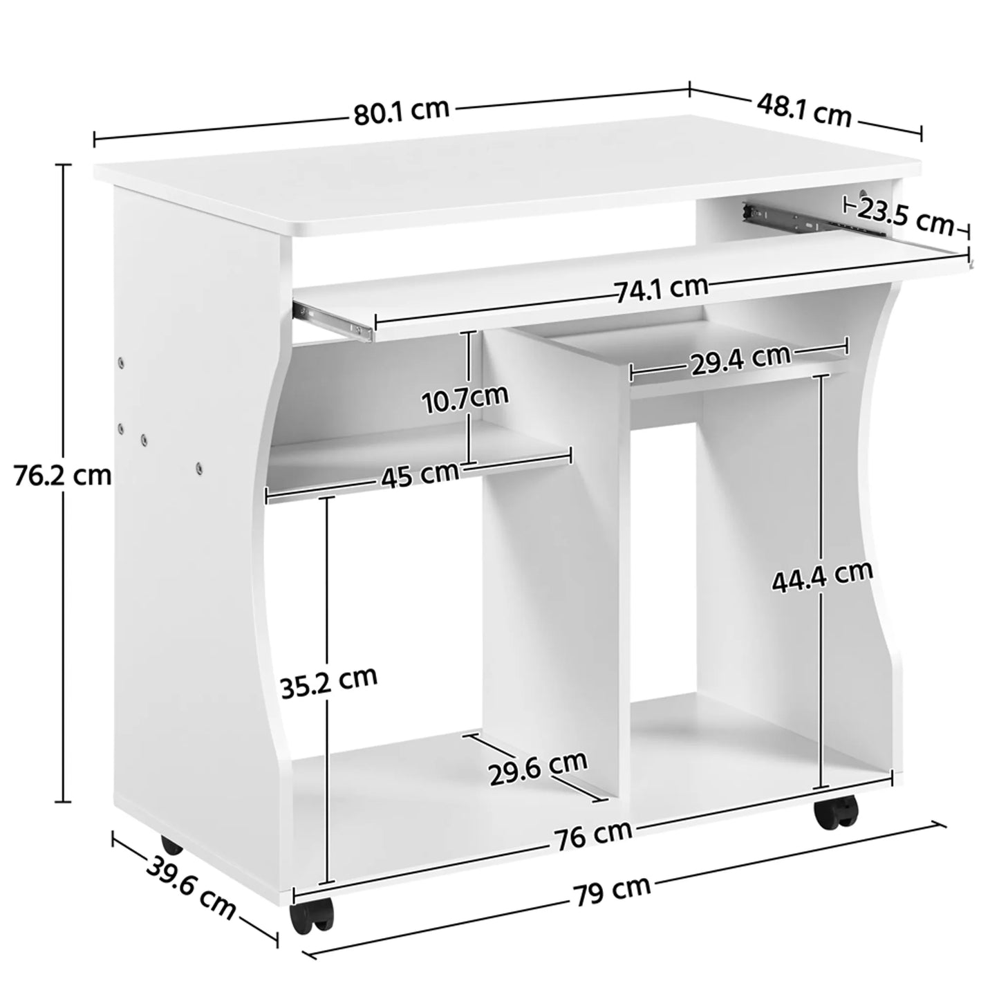 Yaheetech Bureau d'ordinateur sur roulettes - avec tiroir à clavier extensible et deux plateaux de rangement et fonction de freinage - pour bureau à domicile et chambre à coucher - Mdf blanc et métal - 80 x 48 x 76 cm
