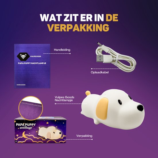 Vulpes Goods® Veilleuse pour enfants - Lumière LED et 8 couleurs - Veilleuse pour chambre de bébé - Chiot - Rechargeable par USB - Variateur - Minuteur - Sans fil - Adapté aux enfants