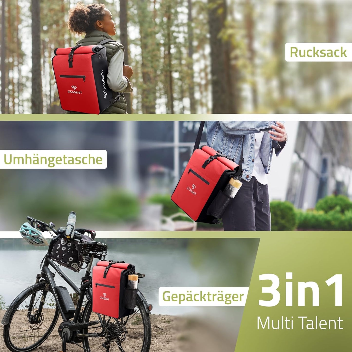 RADGEIST 3in1 sacoche de transport - sac à dos pour vélo - sacoche de transport - sac à bandoulière - avec compartiment pour ordinateur portable - étanche - 25L - rouge
