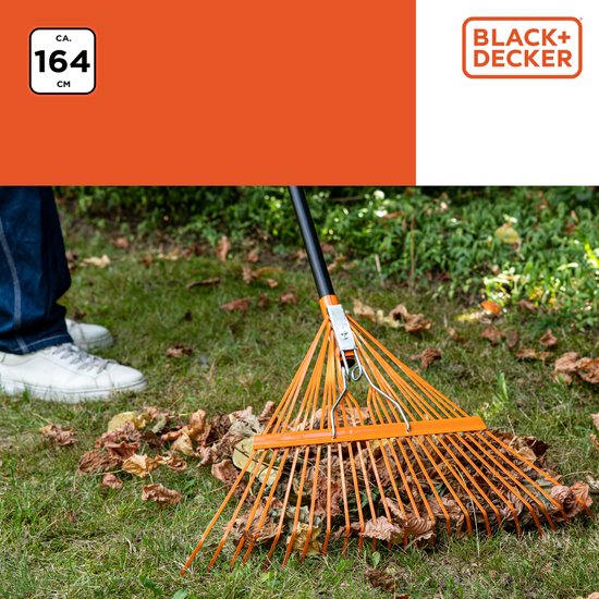 Râteau de Jardin - BLACK+DECKER - Râteau à Feuilles avec Poignée Confortable - 164 x 60 x 3 CM - Orange/Noir
