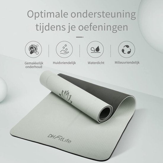 DH FitLife tapis de yoga en TPE, 183 x 61 x 0,6 cm, tapis de gymnastique, tapis d'entraînement des deux côtés antidérapant et respectueux de l'environnement, tapis de fitness avec lignes d'orientation (Gris)