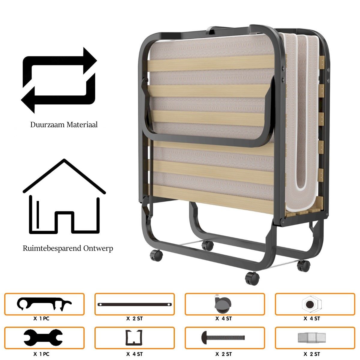 Coast Folding Bed - Single - 200 x 90 x 41 cm - Matelas inclus - Beige & Black