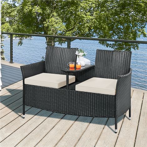 Banc de jardin Yaheetech pour 2 personnes - Avec tablette centrale en verre - 131 x 65,5 x 85 cm - Noir/beige