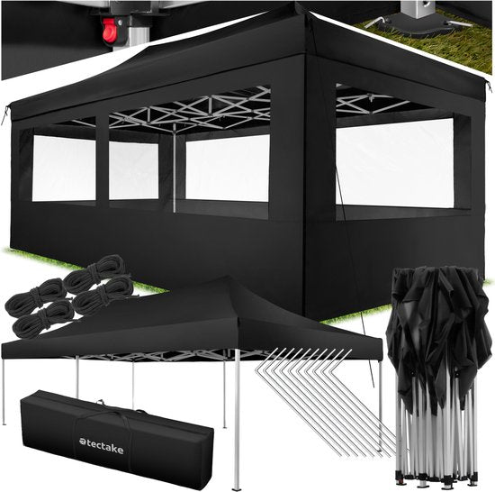 Pavillon pliable tectake® - Pliable et imperméable - Pavillon de jardin avec 4 panneaux latéraux - S'accompagne de piquets, de cordes de tension et d'un sac de rangement - Auvent de terrasse, tente de fête - 6 x 3 m - Noir