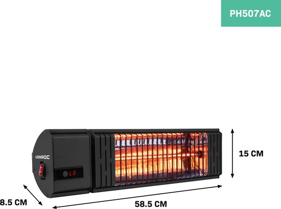 VONROC Chauffage d'ambiance de terrasse - Volsini PRO - 2000W - Avec niveaux de chaleur réglables, minuterie, écran LCD et télécommande