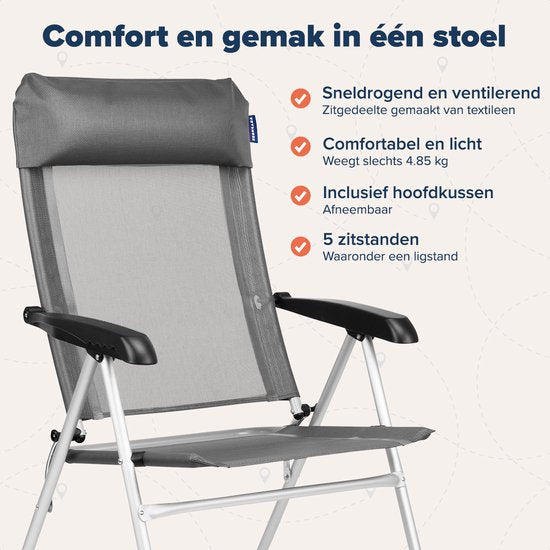 TRVLMORE Chaise de camping - 5 positions - Chaise de camping pliante - Capacité de charge 110 kg - Chaise de pêche - Chaise pliante - Gris