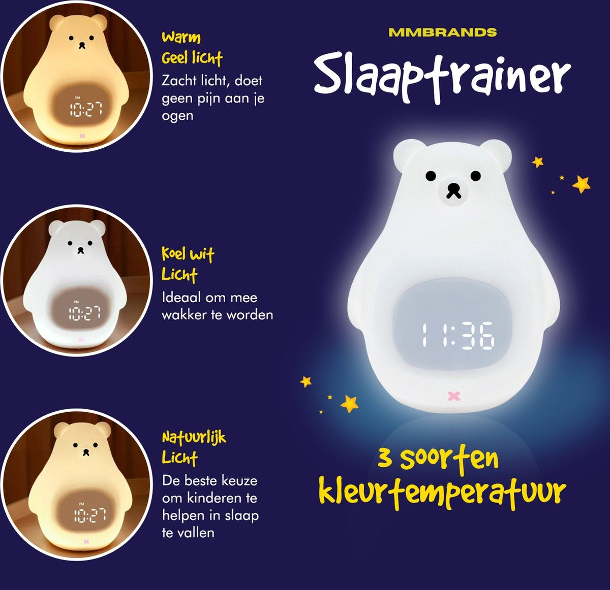 MM Brands Sleep Trainer - Réveil pour enfants - Veilleuse - Heure et température - 7 couleurs de lumière - Ours