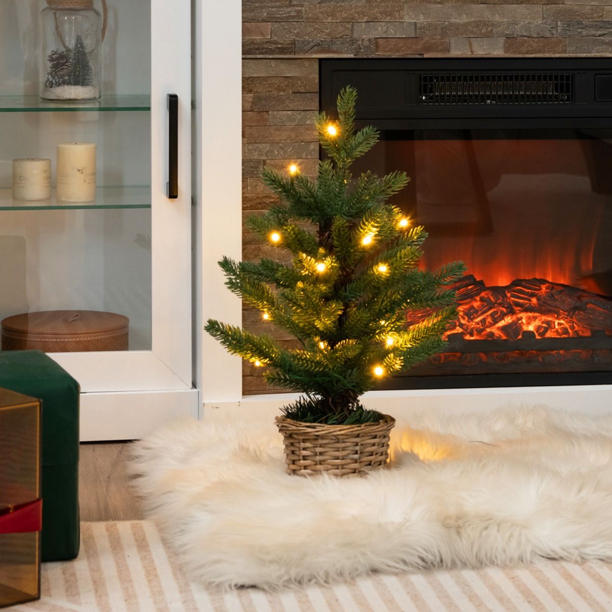 Coast Illuminated Artificial Mini Christmas Tree in Pot - 48 cm High - Green/Nature - 96 Branch tips - 20 Warm White LED Lights - Timer - Wicker Pot