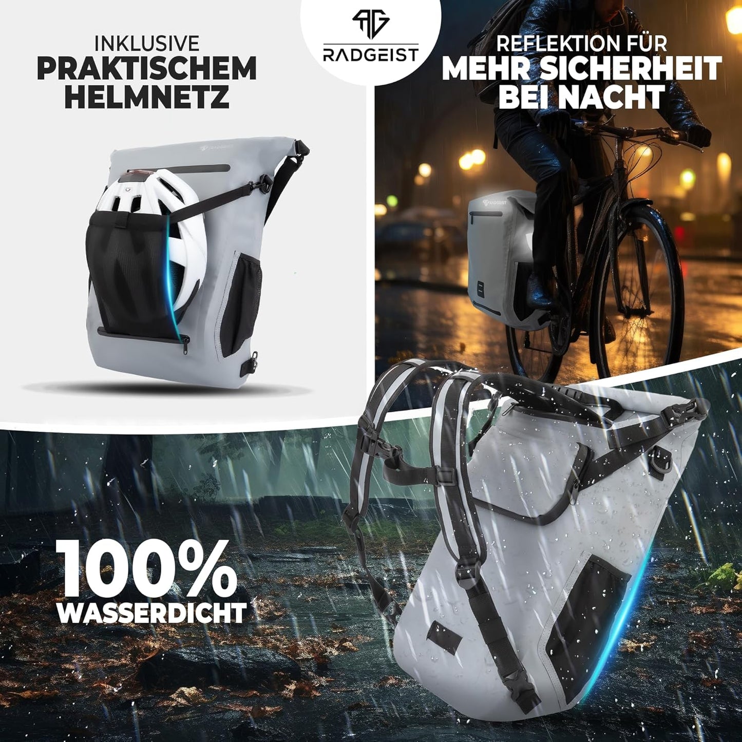 RADGEIST 3in1 bike bag for carrier I sac à vélo, sac à dos et sac à bandoulière 18-22L I sac à vélo 100% étanche gris