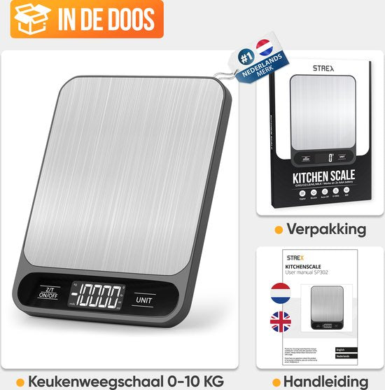 Balance de Cuisine Digitale Strex - Balance de Cuisine - 1 g à 10 kg - Fonction Tare - Piles Incluses - Inox/Noir