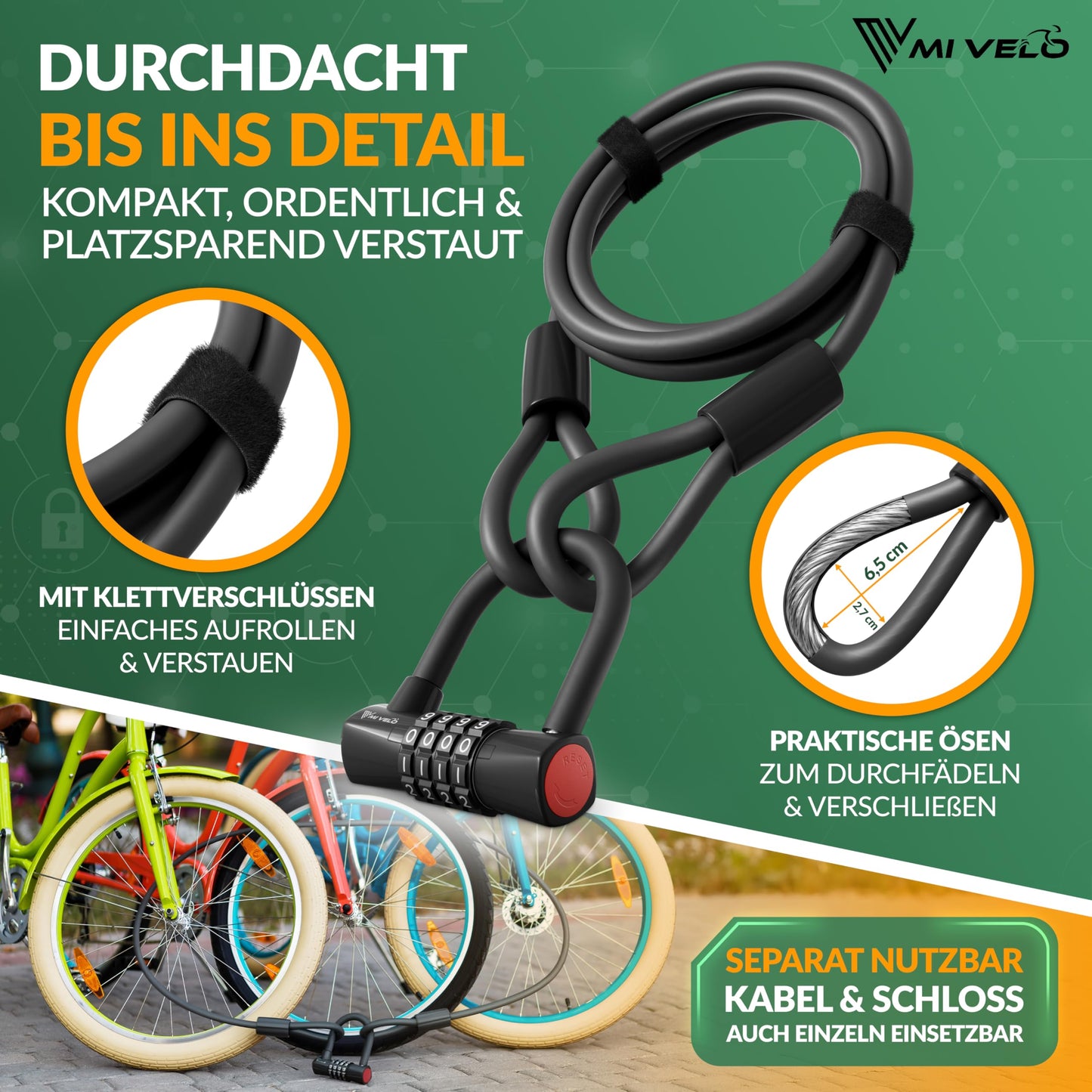 Câble antivol MIVELO - antivol de vélo à code - câble en acier de 200 cm - combinaison à 4 chiffres