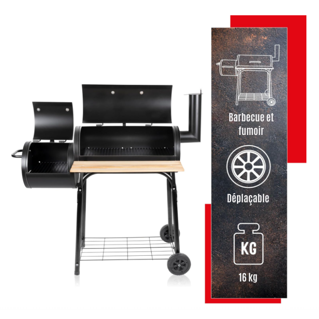 Barbecue au charbon - BBQ Collection – 2 en 1 - Cuisine extérieure - Grill et Barbecue Fumoir - 104 x 58 x 114 cm - Noir