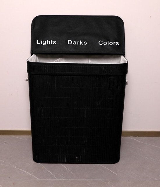 Panier à linge Ceruzo à 3 compartiments – Trieur de linge en bambou 100 L – Sac intérieur amovible – Noir