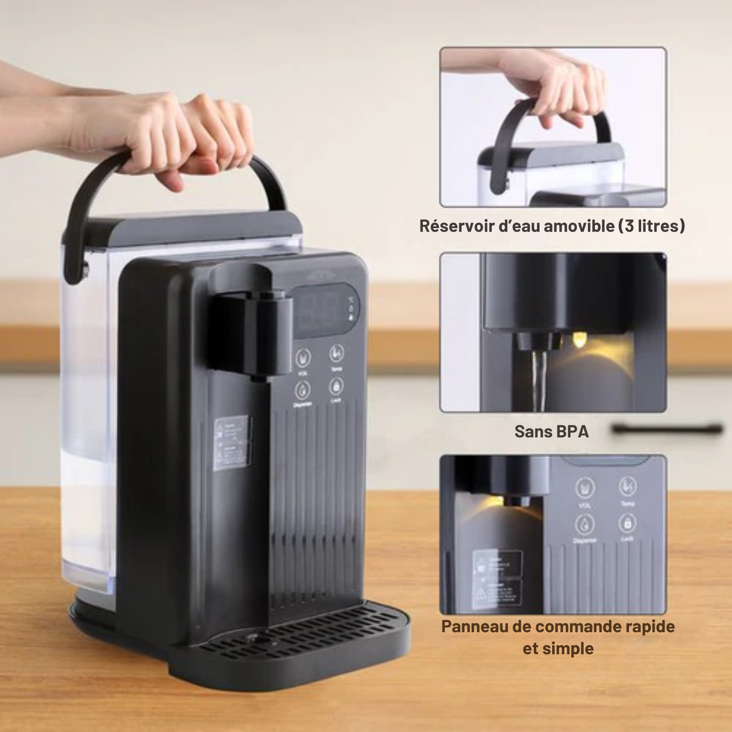 Distributeur d'eau chaude - Nimma - 3L - 2000W - 200/350/500 ml - Bouilloire instantanée - Noir