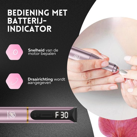 Beeperfect® Lime à ongles électrique sans fil édition Pro - Moulin à ongles - Ensemble manucure et pédicure - Rechargeable - 11 embouts et 60 rouleaux de ponçage - 30 000 tr/min - Rose