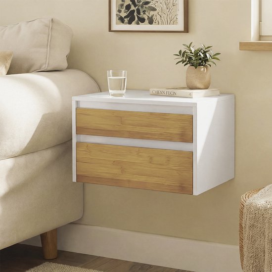 SoBuy FBT175-E-WN - Table de chevet - Blanc - 2 tiroirs - Ouverture par pression - 40 x 29 x 25 cm | FBT175-E-WN