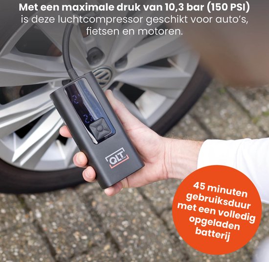 QLT Compresseur d'air sans fil Pro et Powerbank en un - 4 accessoires et câble de chargement USB inclus - 10.3 Bar - avec éclairage LED - Noir