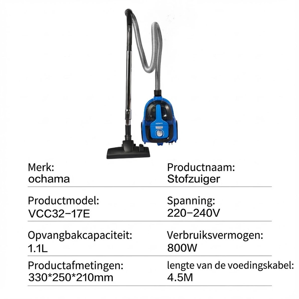 Aspirateur filaire multifonction Ochama 800 W – 17,5 kPa – 1,1 L – Enrouleur de cordon automatique – Filtre lavable