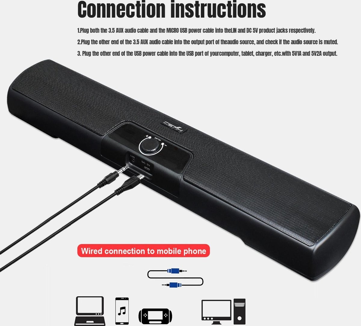 HXSJ Q3 Soundbar PC Speaker - USB - pour ordinateurs de bureau / portables / téléviseurs intelligents / projecteurs - Noir