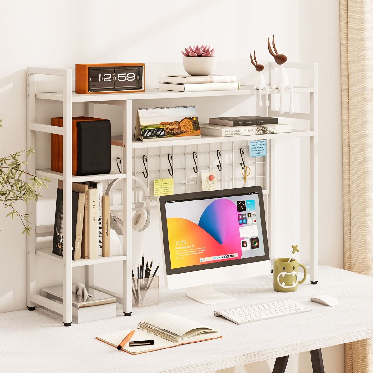 Coast Desk Rack - 94 × 25 × 74 cm - 4 niveaux - panneau grillagé en métal + 6 crochets - blanc