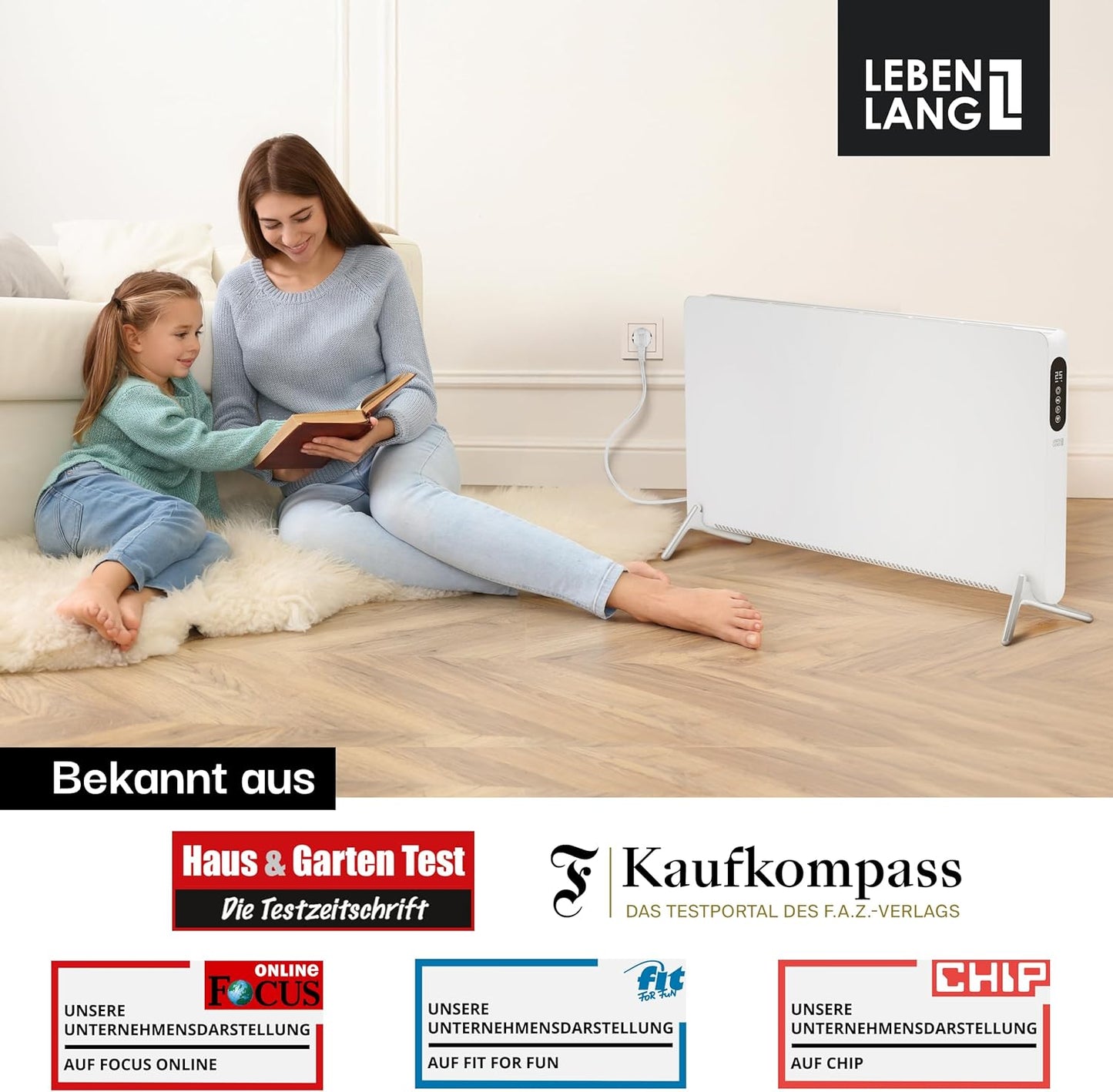 LEBENLANG Chauffage électrique - 2000W - Wifi et App Control - Télécommande - 88 x 5 x 49 cm - Blanc