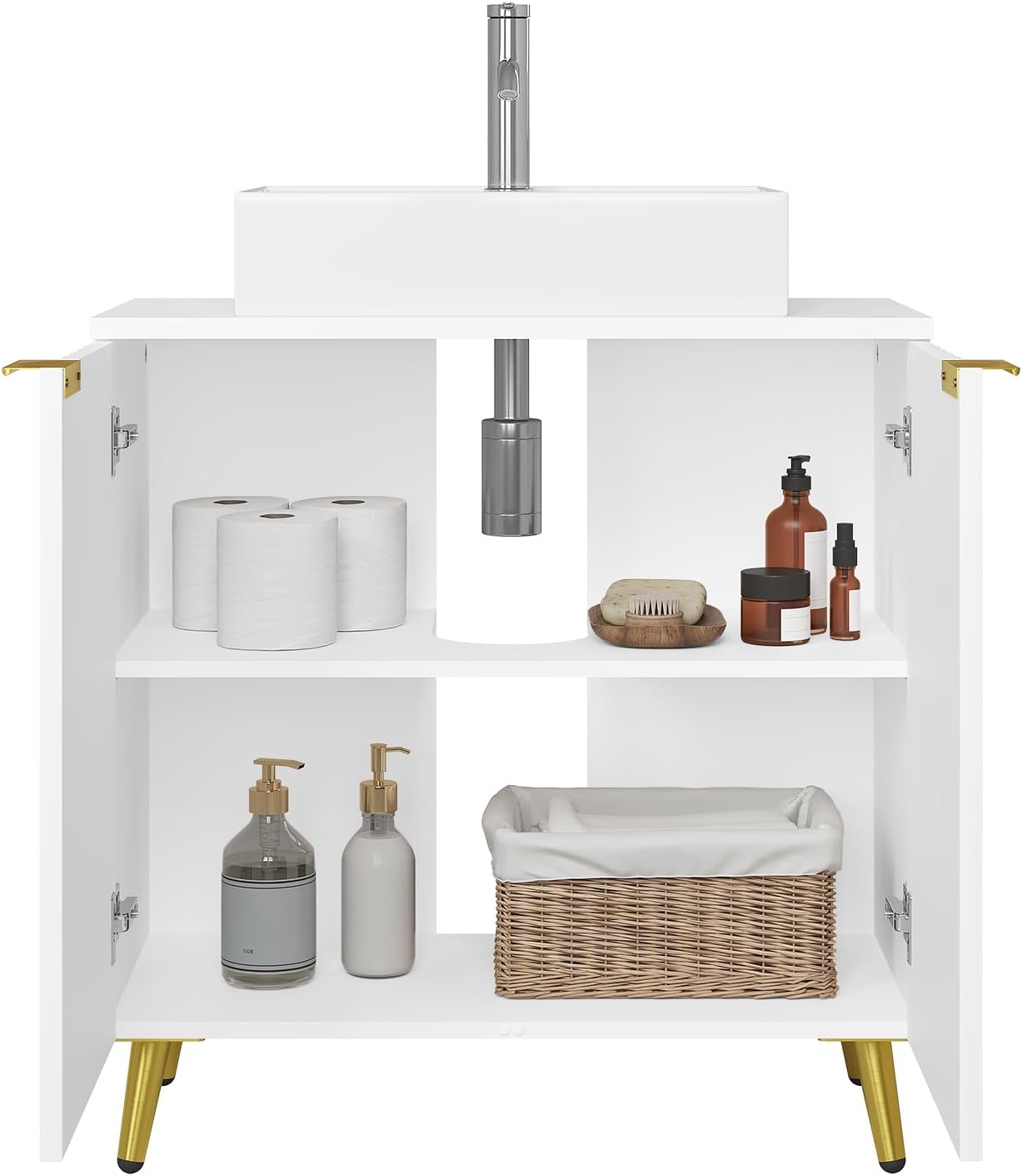 eSituro SBP0095 Meuble bas pour lavabo - meubles de salle de bains - blanc avec pieds en métal doré - 60 x 62 x 30 cm
