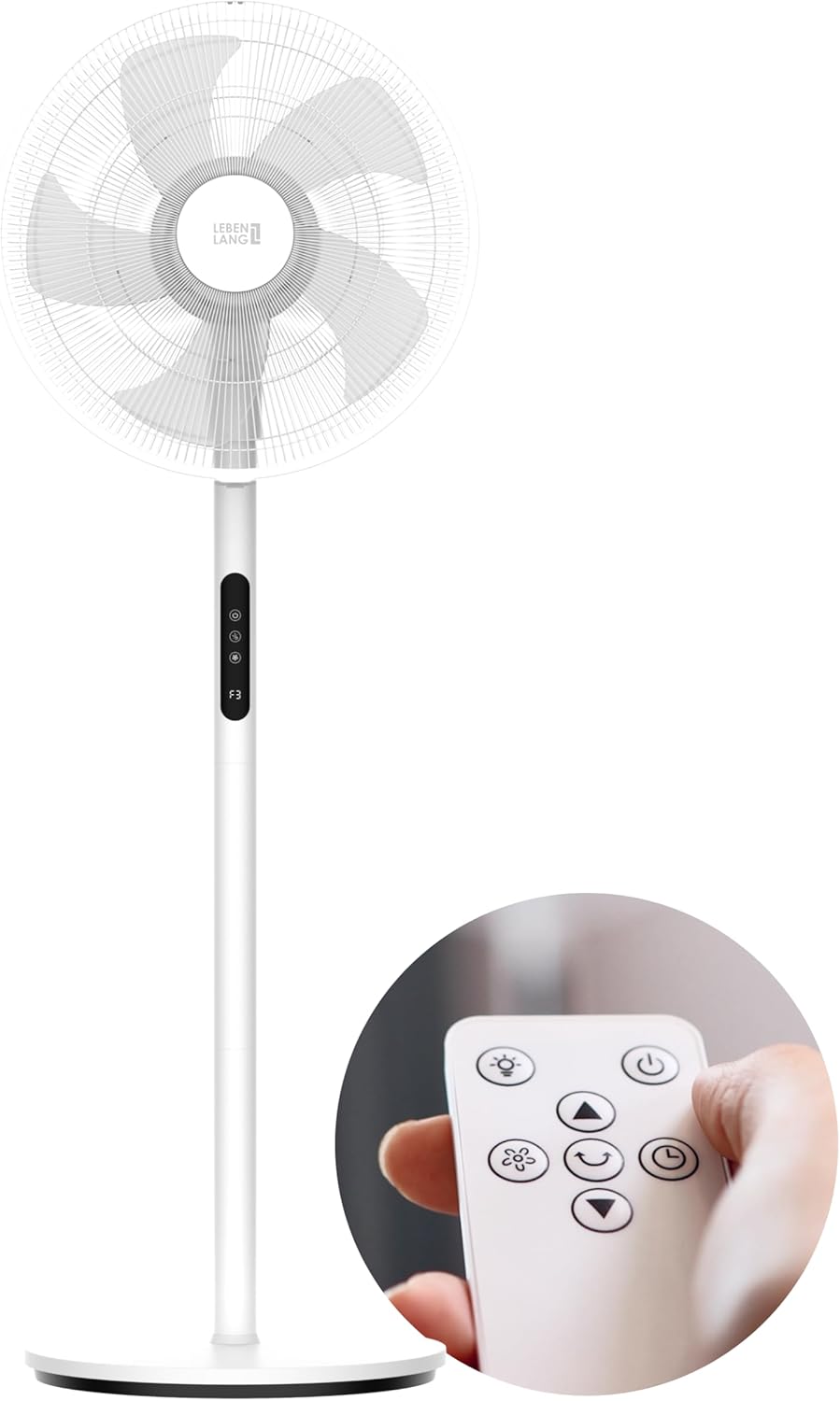 LEBENLANG - Ventilateur sur pied - silencieux - avec télécommande - affichage LED - 5 modes - oscillant, économie d'énergie - pour le salon et la chambre à coucher