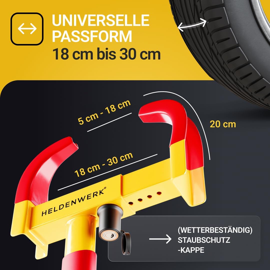 HELDENWERK - Attache de roue avec verrouillage de sécurité - 48x25x7 cm - pour largeur de pneu 18-30 cm avec 3 clés - protection contre le vol pour camping-car et voiture - acier jaune et rouge