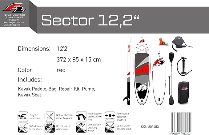 Planche de SUP gonflable F2 Sector Red, édition limitée 2024 – Planche de paddle polyvalente avec siège de kayak – 372 cm