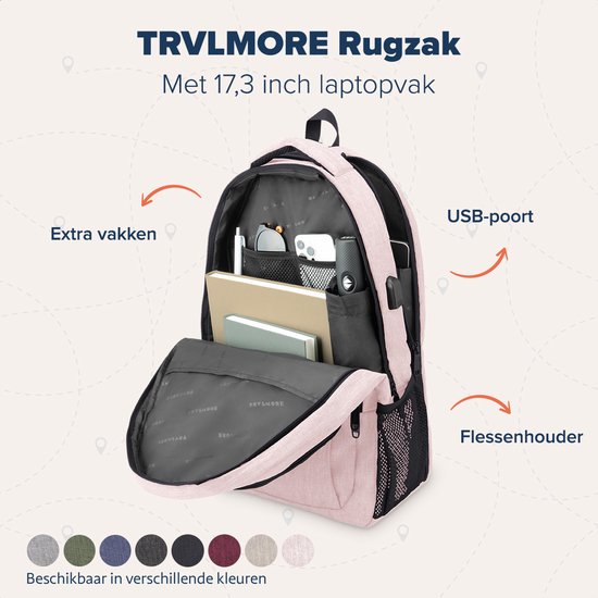 TRVLMORE Sac à dos - 36L - 17.3 Inch - Sac à dos pour ordinateur portable avec USB - Cartable - Homme et Femme - Sac -Vieille - Rose