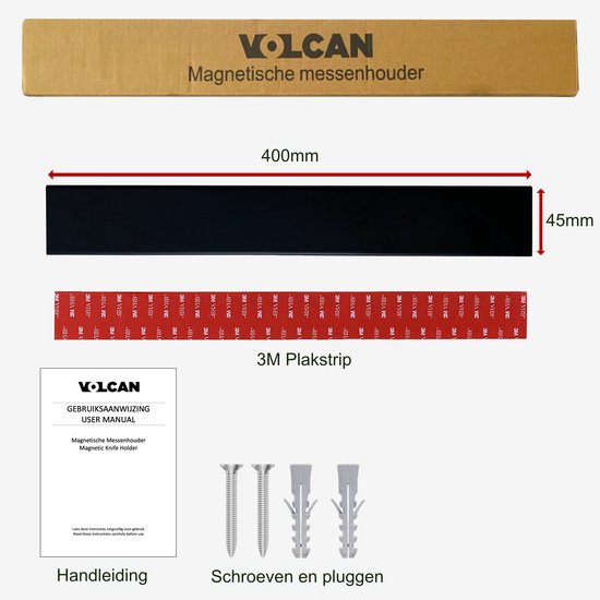 Volcan Knife Magnet - 3M Tape - Porte-couteau magnétique - 40CM - Industriel - Porte-couteau auto-adhésif - acier inoxydable