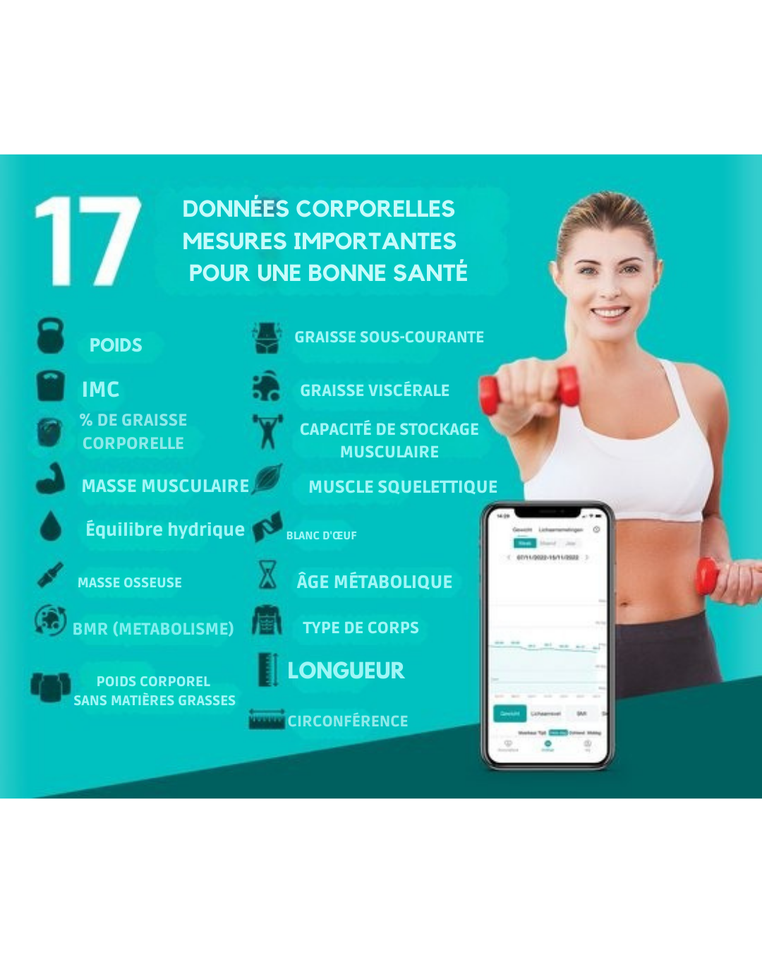 Balance personnelle numérique LED FITAGE - Balance intelligente avec analyse corporelle 17x - Balances - Application FITAGE