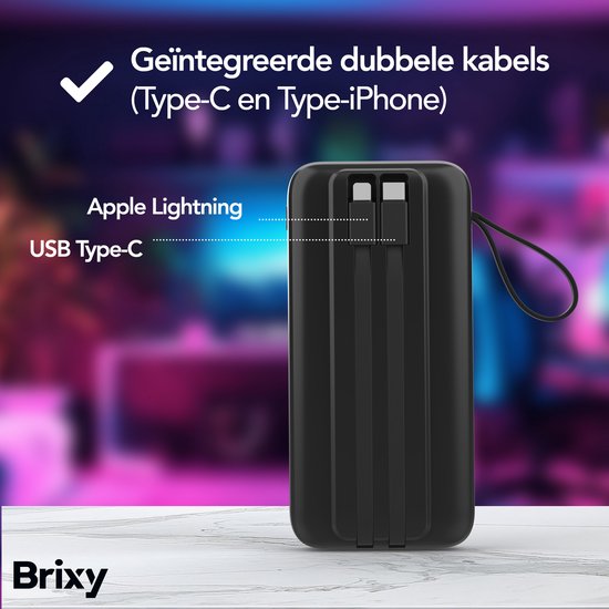 Brixy Powerbank - 20 000 mAh - Chargement rapide 22,5 W - Affichage LED - USB-A/USB-C - Pour iPhone et Samsung, entre autres - Noir