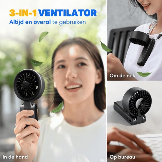 Vulpes Goods® Tech - Hand Fan PRO 3in1 - Rechargeable et portable - Mini ventilateur USB sans fil - Ventilateur de cou - Moteur puissant - 4000 mAh - 5 vitesses - Design pliable - Jusqu'à 14 heures de refroidissement - Cordon de transport inclus