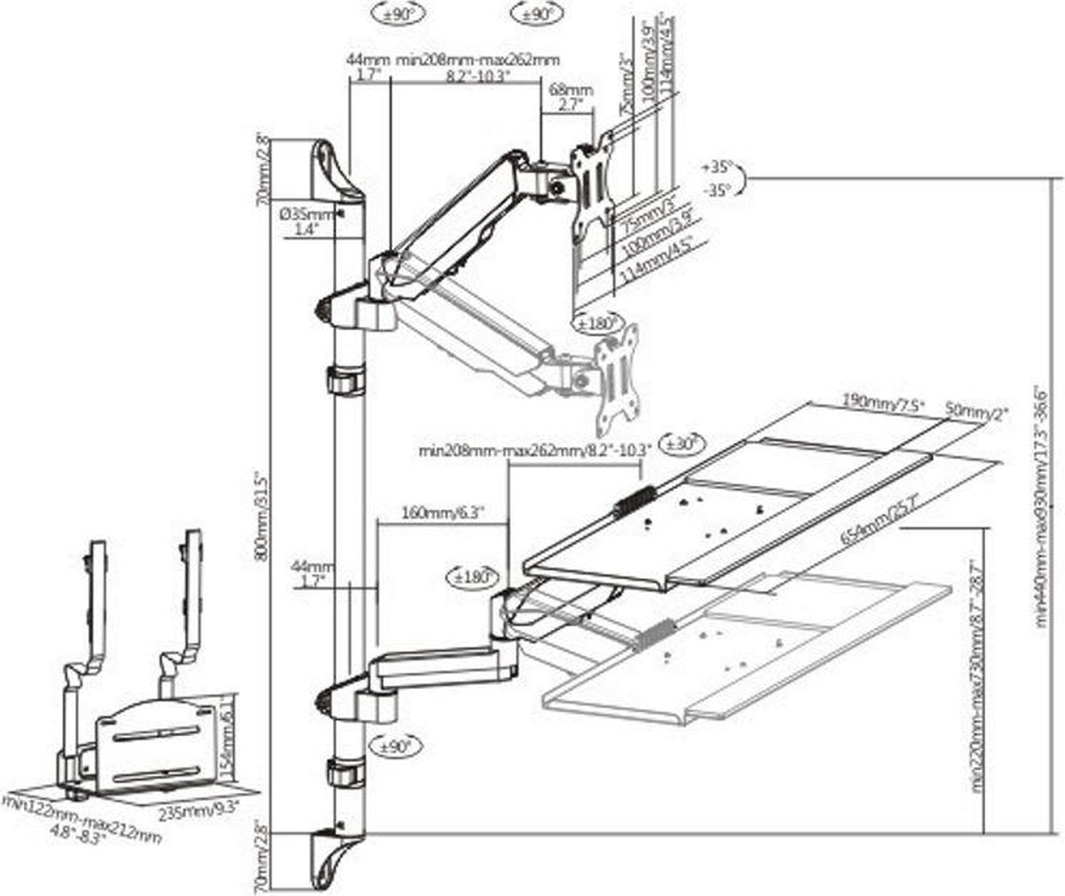 Poste de travail assis-debout - Support mural - Support de moniteur - Support mural pour clavier - Poste de travail