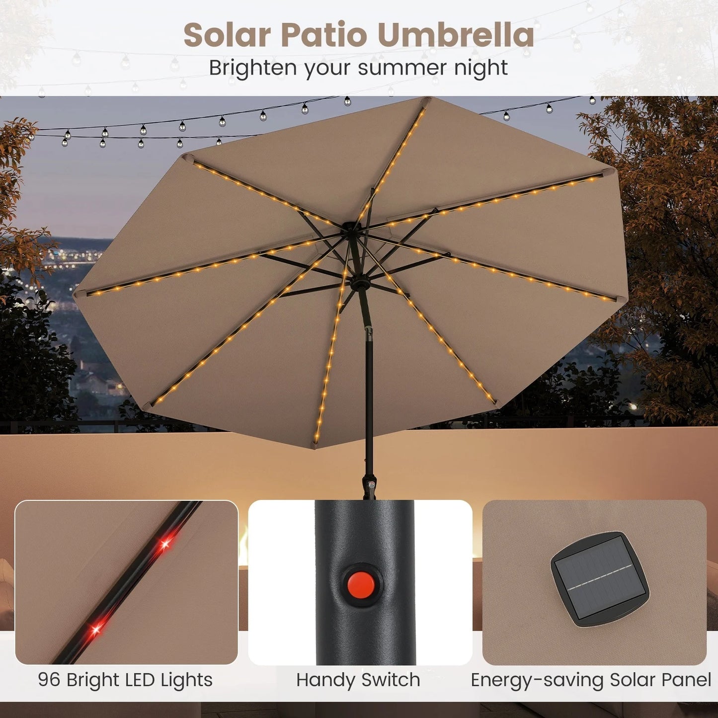 Parasol Coast avec éclairage LED à énergie solaire – Doté de neuf modes d'éclairage, d'un système d'inclinaison manuel et d'une poignée rotative pratique – Pour le jardin et la terrasse – Polyester beige et métal – 290 cm de largeur et 247 cm de hauteur
