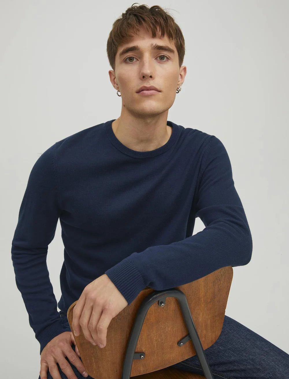 Pull en maille pour homme de JACK&JONES - Col rond et texture côtelée - Taille L - Bleu