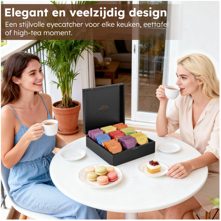 Nimma - Boîte à thé de luxe - 9 compartiments - Bambou noir - Avec fermeture magnétique et design compact - Organisateur de thé - Élégant et durable