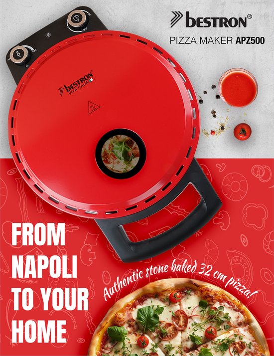 Four à pizza Bestron Turbo pour des pizzas prêtes en 5 à 10 minutes, four à pizza électrique avec une température maximale réelle de 320 °C, livré avec une pierre à pizza et 2 grandes spatules en bois, Viva Italia, couleur : rouge