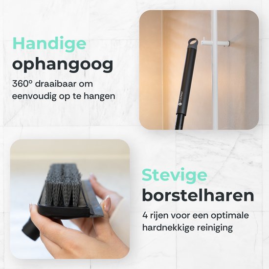 CLEANLY Brosse à récurer et raclette de sol avec manche - Brosse de nettoyage - Brosse à récurer avec manche - Brosse à récurer - Raclette - Réglable 116-144 cm - Largeur 30.5 cm - Noir, Gris