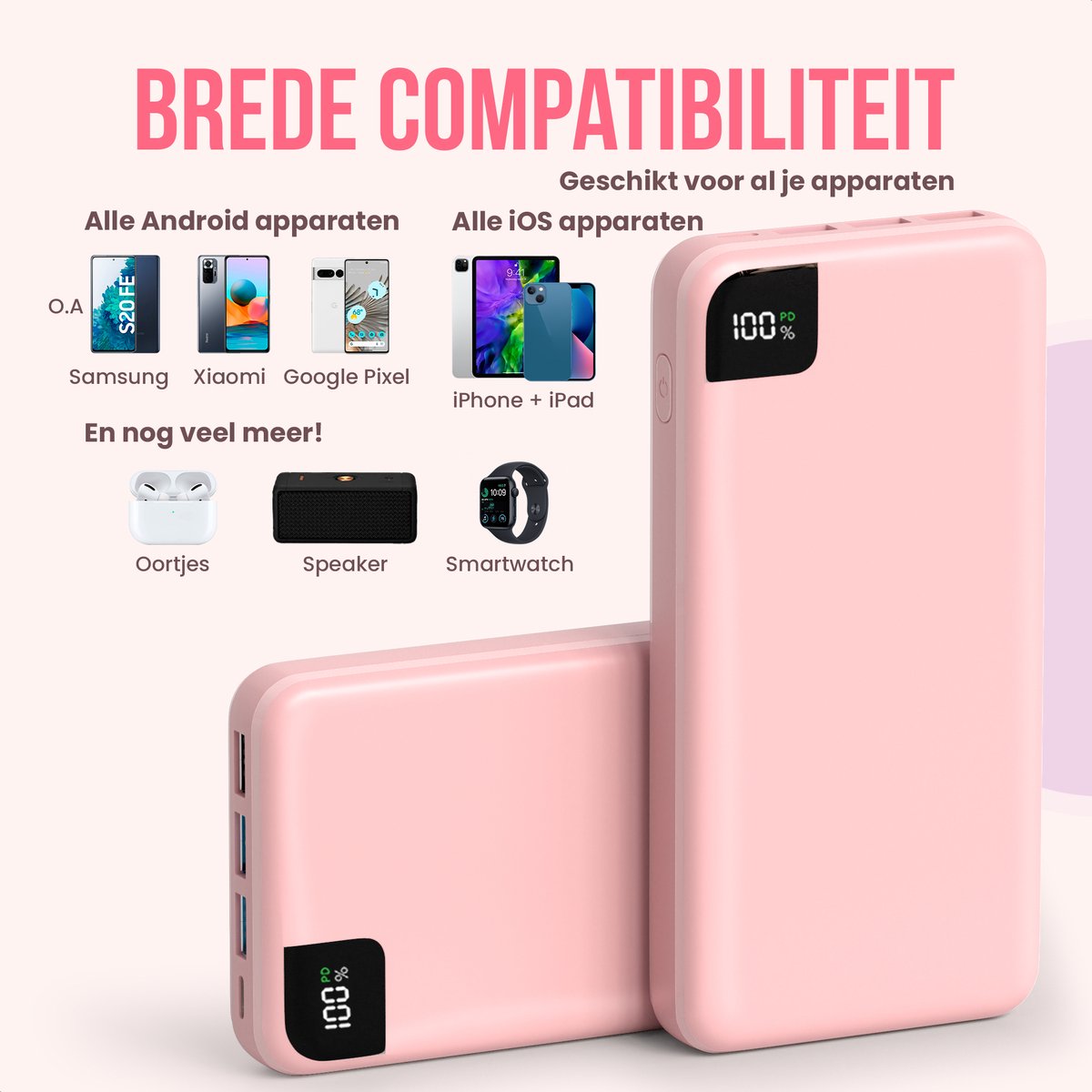 Strex Powerbank Pink - 27 000 mAh - Charge rapide 22,5 W - USB-A/USB-C - Indication LED - Powerbank universel adapté à iOS/Android, entre autres