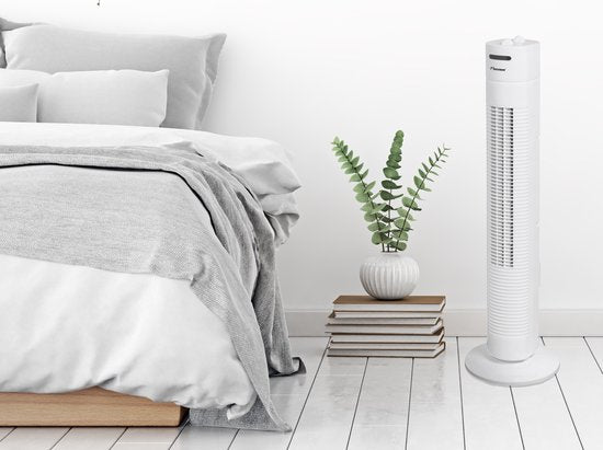 Bestron Ventilateur de tour, Ventilateur avec 3 vitesses et fonction de rotation de 75°, minuterie incluse, hauteur : 78 cm, 35W, AFT760W, couleur : blanc