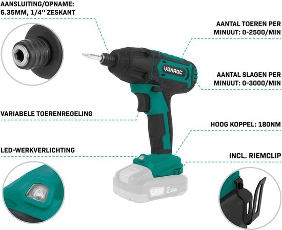 VONROC Accu Visseuse à percussion 20V - 180Nm - Prise : 6,35 mm ¼" - Embouts de vissage, porte-embouts mag-net et porte-capuchon inclus - Batterie et chargeur rapide inclus